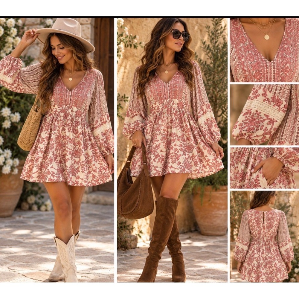 Sincerely Jules Floral V-Neck Mini Dress Pink Cream Boho Balloon Sleeve Size M